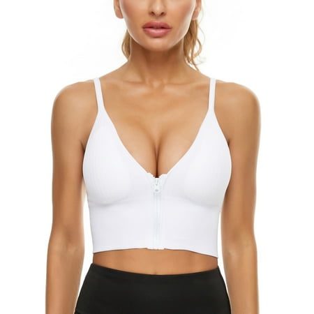 

SUPERHOMUSE Fashion Women s Zip Front Push Up Bra Ribbed Crop Top Workout Yoga Sports Bra With Removable Pads