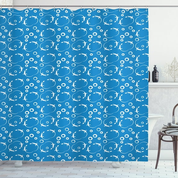 Gecko Shower Curtain, Silhouettes of Reptiles with Circles on Blue Background Wildlife of the Forests, Fabric Bathroom Set with Hooks, 69W X 70L Inches, Blue and White, by Ambesonne