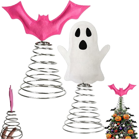 Halloween Ghost Miniature Tree Topper, Little Decoration Skeleton Scarecrow Metal Gothic Ornament, Spooky Fall Decor for Christmas Krampus Bat Pumpkin Witch(2Pcs)