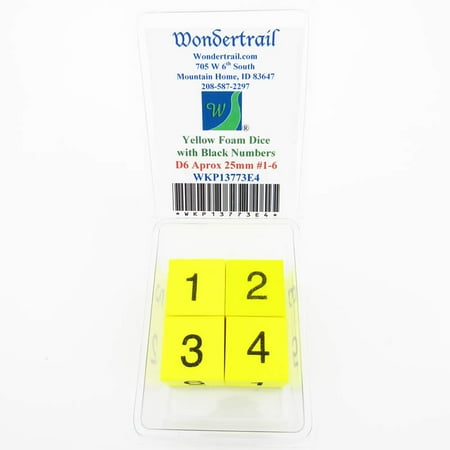 Yellow Foam Dice with Black Numbers 1-6 D6 25mm (1in) Set of 4 Wondertrail