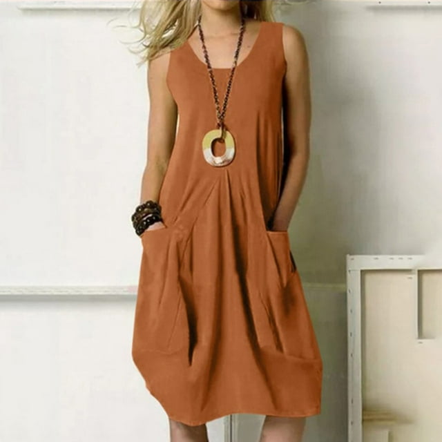 Fankiway Robe Sans Manches à Col Rond Ample en Coton et Lin pour Femmes, Robes d'Été pour Femmes, Robes Sans Manches pour Femmes Grande Taille