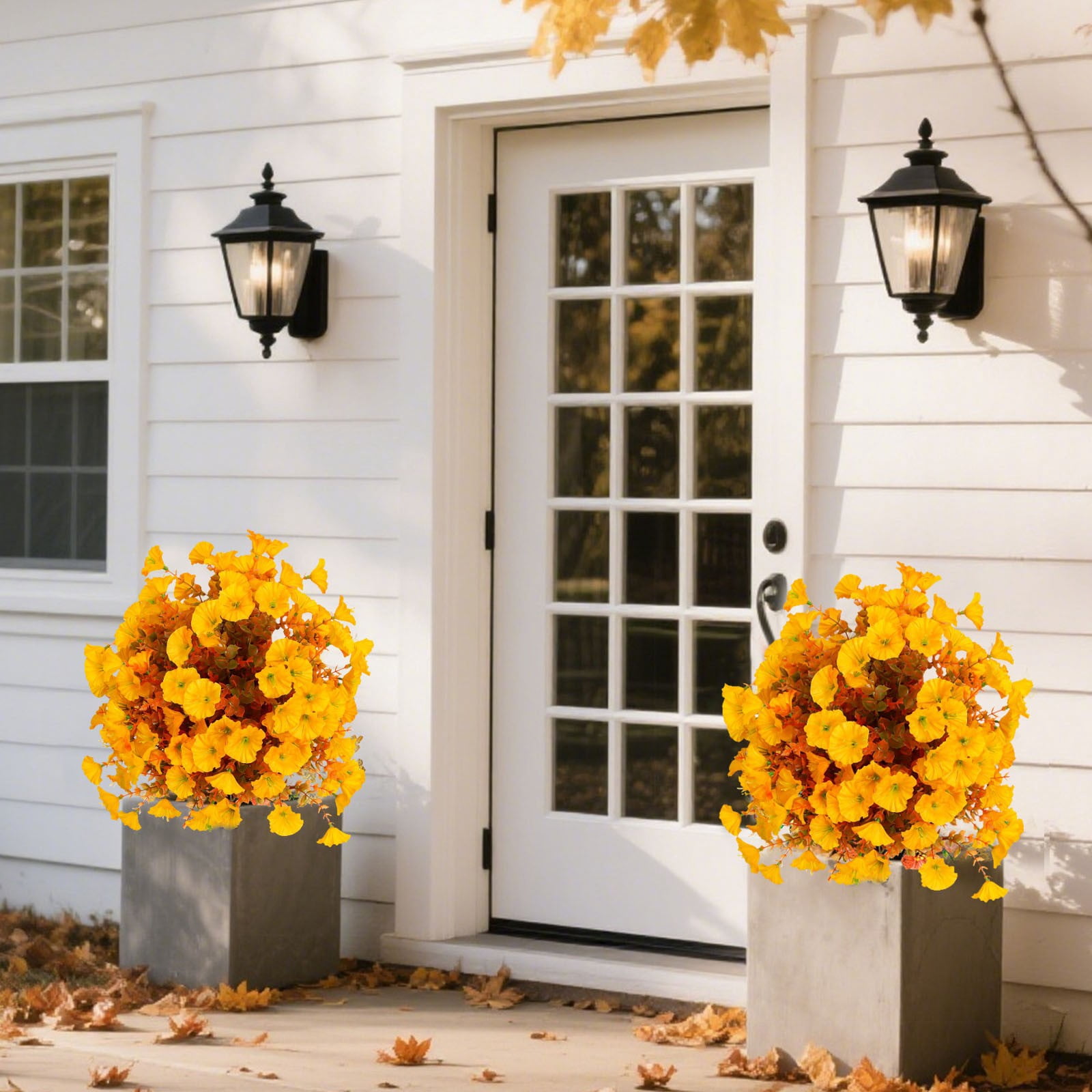 BNNG Artificial Topiary Ball Tree with Flower for Outdoor, Fall Fake Shrubs Bushes with Ground Spikes, UV Resistant Faux Boxwoods Plants for Garden Porch Patio Decor, 20 inches