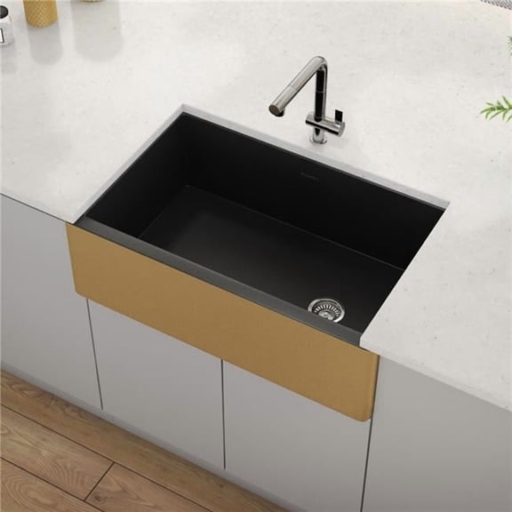 Ruvati USA RVL4018GRG 30 in. Fireclay Modern Farmhouse Single Bowl Kitchen Sink, Matte Black & Brushed Gold