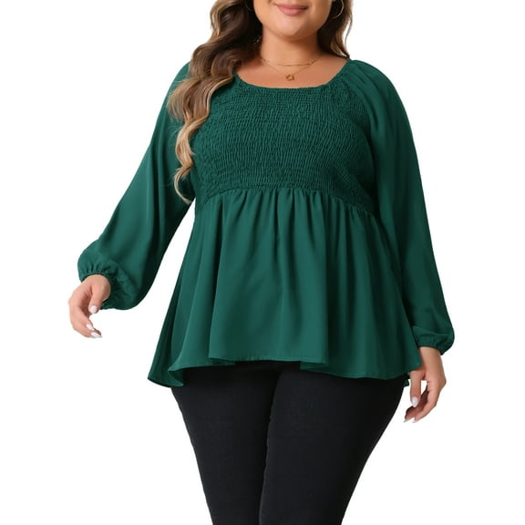 Agnes Orinda Plus Size Top for Women 2024 Smocked Peplum Crew Neck Long Sleeve Babydoll Chiffon Shirt Tops 1X Green