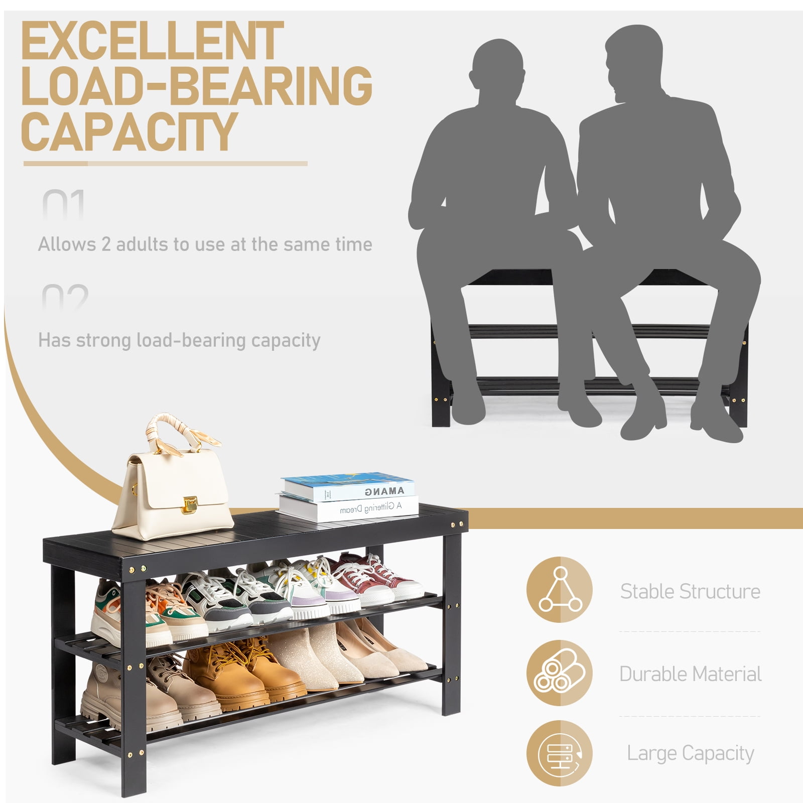 3 Tier Shoe Rack Seamless Top Bamboo