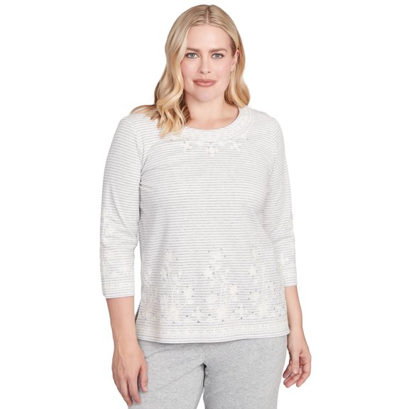 Alfred Dunner Womens Petite Embellished Striped Crew Neck Top