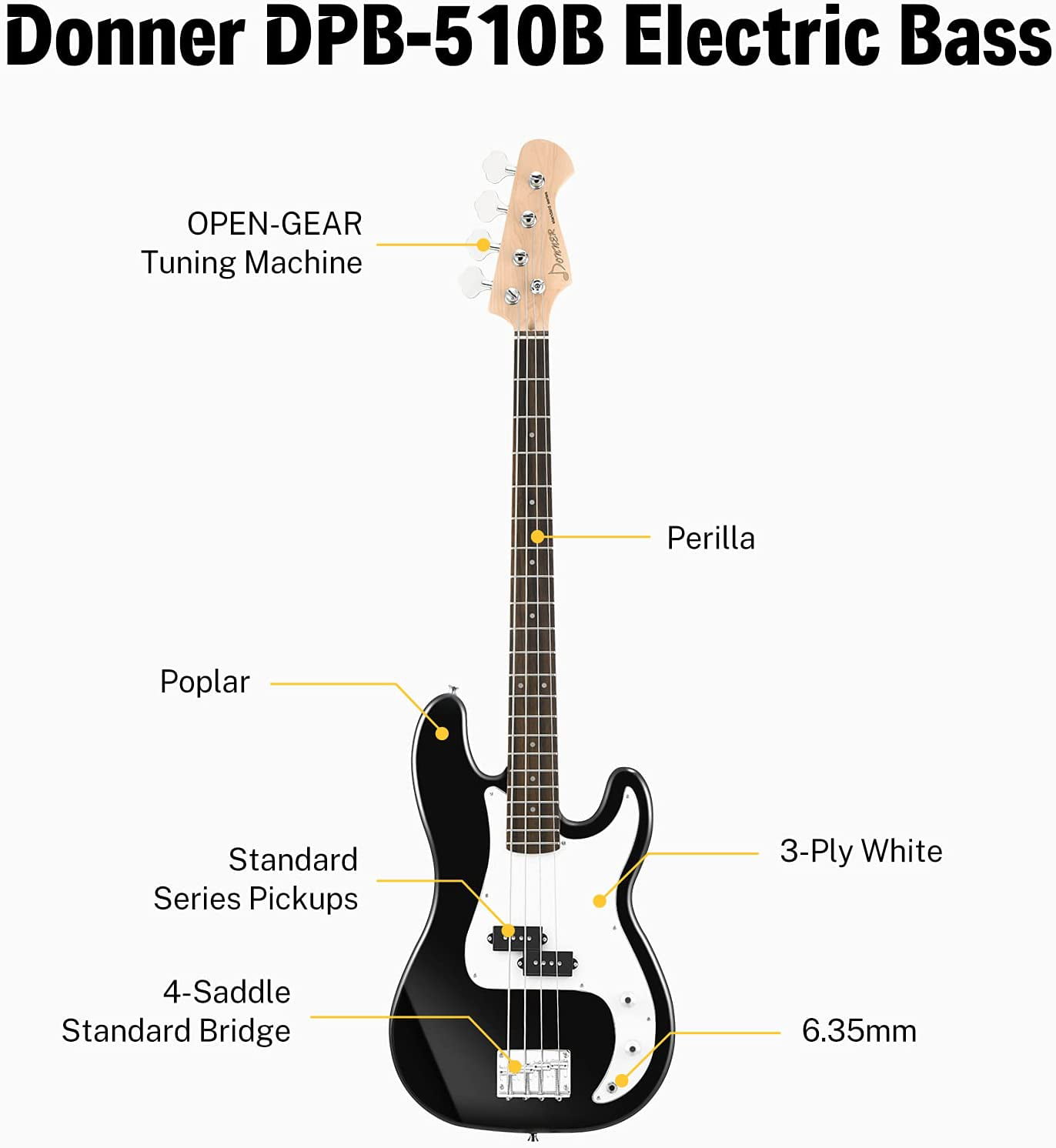 Donner DPB-510D Guitare basse électrique 4 cordes PB pour débutant