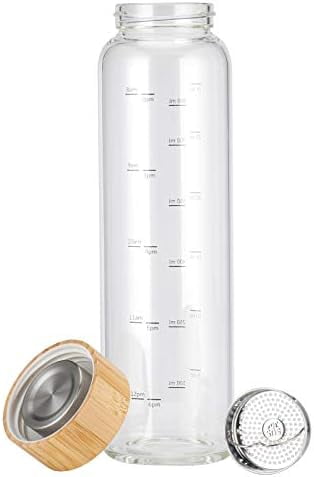 Jointown Glass Water Bottle 32 oz Wide Mouth with Sleeve Bamboo Lid Motivational Water Bottle With Time Marker Reusable Safe for Hot Cold Drinks Bpa Free (Navy Blue)