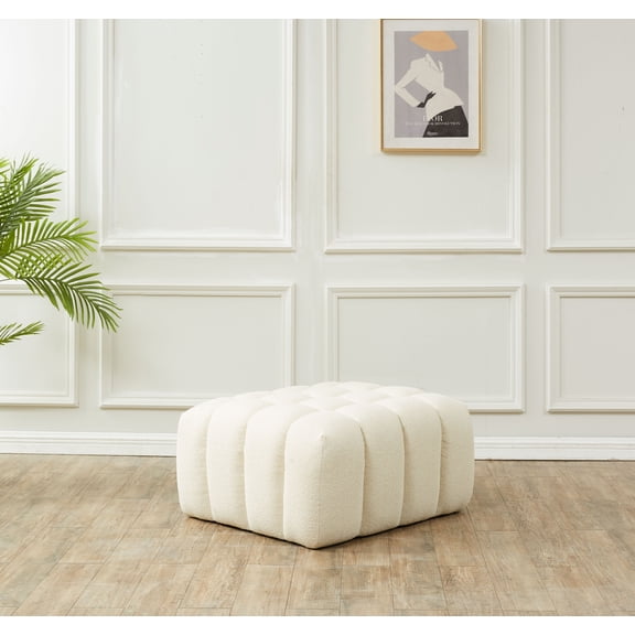 SAFAVIEH Couture Calyna Modern Boucle Tufted Ottoman, Cream