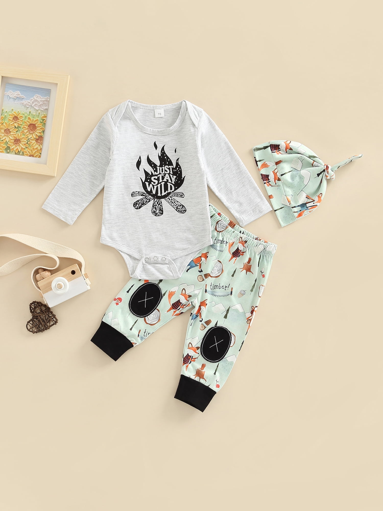 3pcs Baby Letter Long-sleeve Romper and Cartoon Fox Print Trousers Set