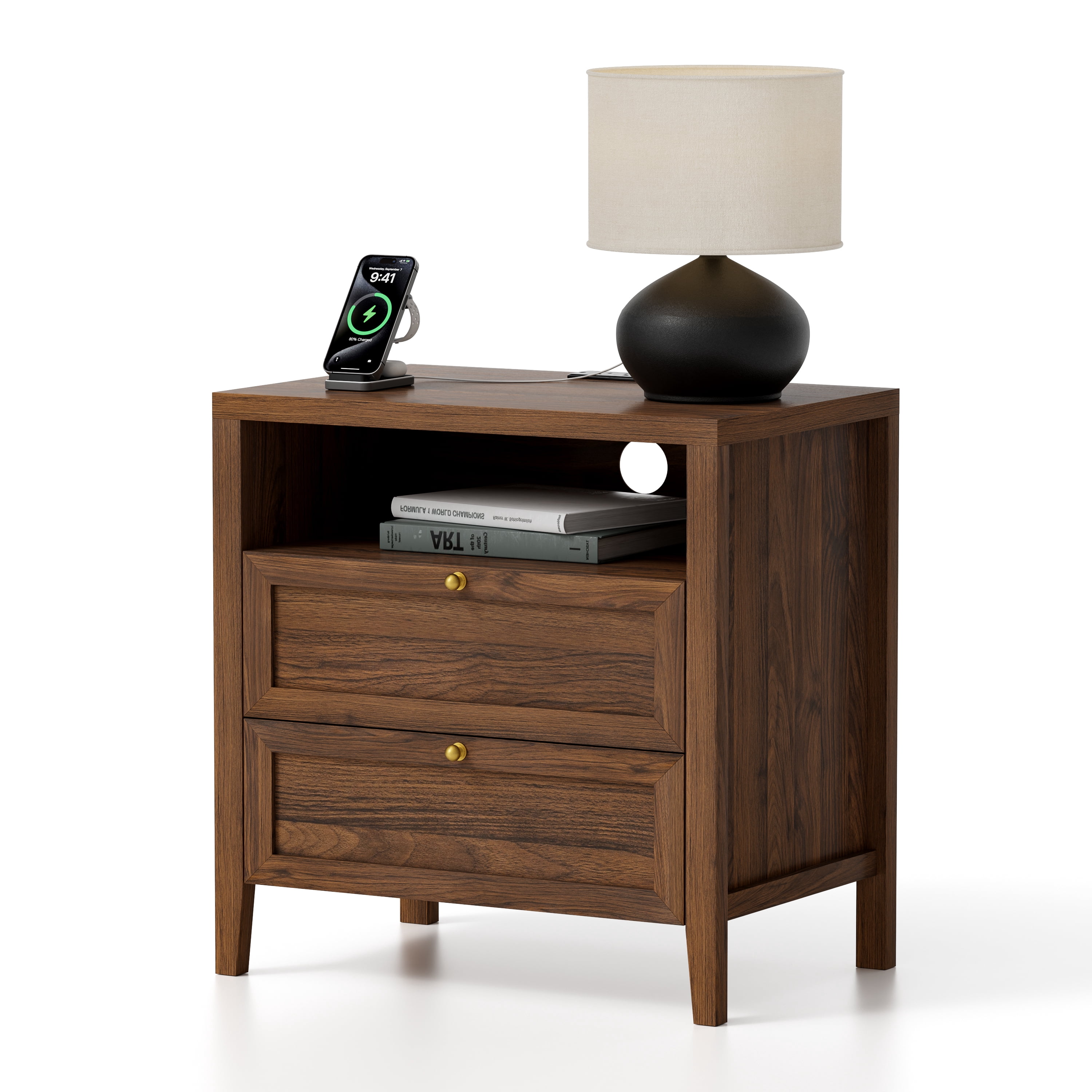 EYYTHUNG Modern Nightstands with 2 Drawers Wooden End Table with Charging Station Farmhouse Night Stand Bedside Side Table with Storage Open Shelf, Brown