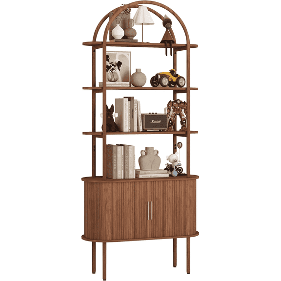 QHITTY 71" Tall Fluted Arched Bookshelf with Sliding Tambour Doors, 4-Tier Open Display Bookcase, Mid Century Modern Curved Bookshelf for Bedroom/Living Room(Walunt)