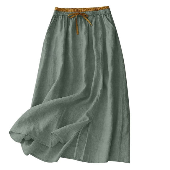 Aofany Women Summer Casual Skirts Comfy Drawstring Solid A-Line Cotton Linen Skirts High Waist Midi Skirt