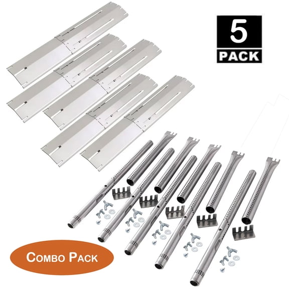 Set of 5 Stainless Steel Grill Burners and 5 Porcelain Heat Plates for Gas Grill Models from Brinkmann, Kenmore, Master Forge and Others