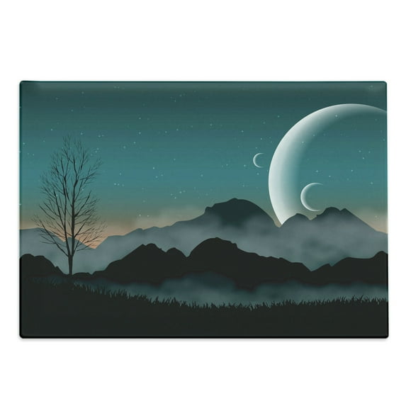 Space Cutting Board, Night Sky on Mountain Range Forest Crescent Moon Star Cosmic Infinity Astral Graphic, Decorative Tempered Glass Cutting and Serving Board, Large Size, Teal Black, by Ambesonne