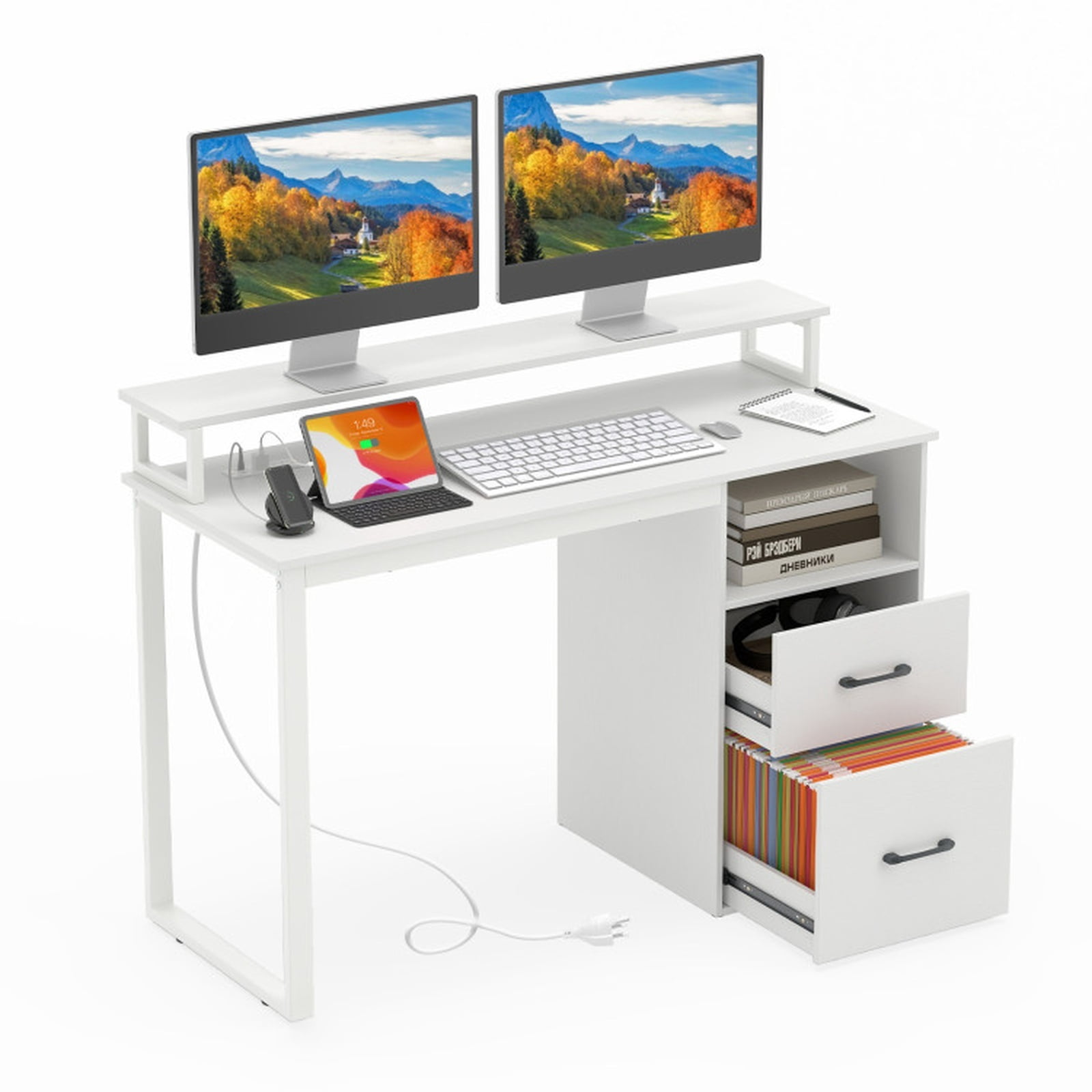 Furnibear Computer Desk with Power Outlets and File Drawer, Modern Home Office Desk with Monitor Stand and Metal Frame for Study Room, White