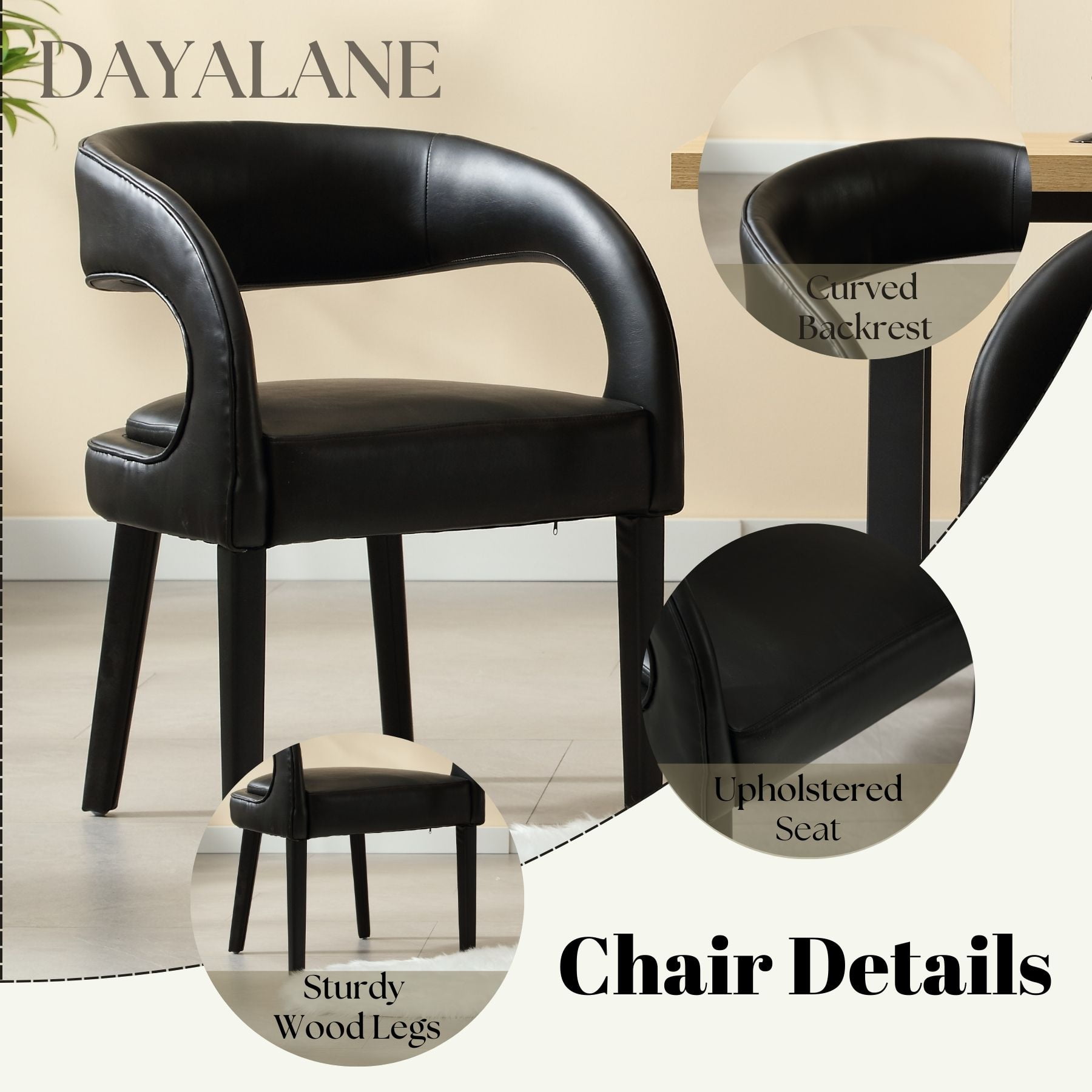 Dayalane Modern Upholstered Dining Chairs Set of 4, PU Leather Barrel Accent Chairs with Open Back and Arms, Comfy Kitchen & Dining Room Chairs with Wood Legs for Living Room/Bedroom,Black