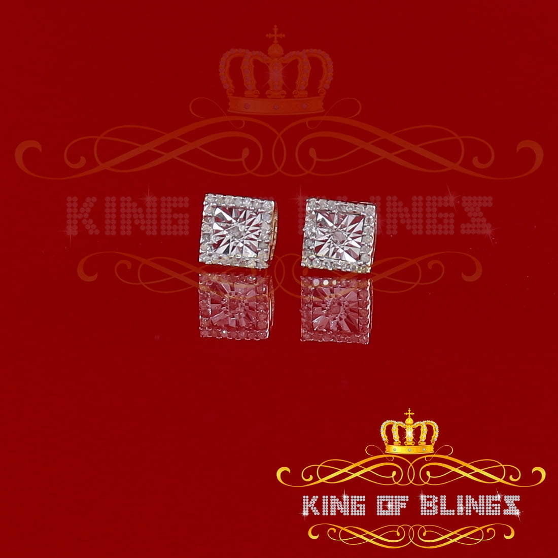 King of Bling's Square 925 Yellow Silver 0.10ct Genuine Diamond Women's/ Men's Stud Earrings