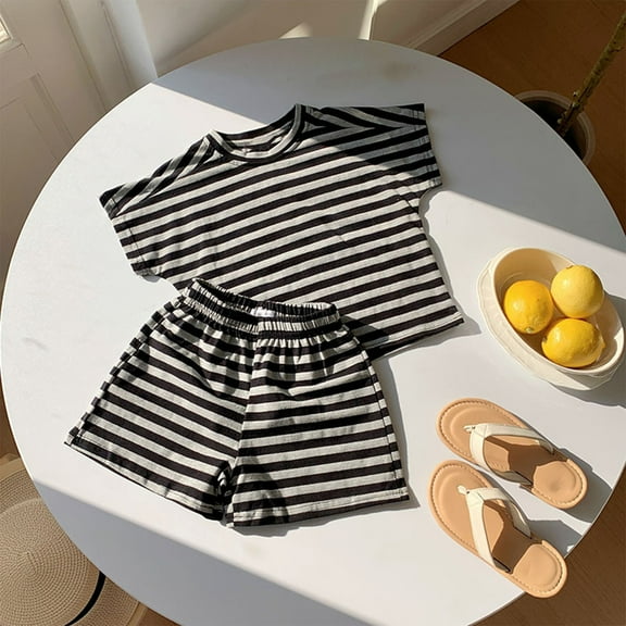 Girls Lounge Sets Stripes Short Sleeve Fashion Comfy Crew Neck T-shirts & Shorts Soft Two Piece Set Black 12Months-7Years