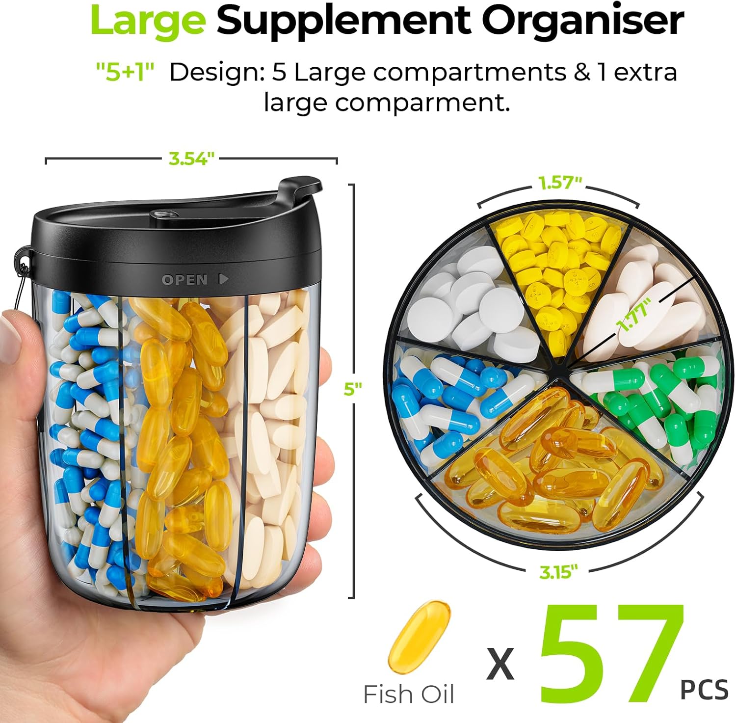 Pill Dispenser with 6 Large Compartments, Supplement Pill Organizer Easy to Retrieve, Pill Box with Anti-Mixing & Wide Openings Designs for Medications, Vitamins, Fish Oils