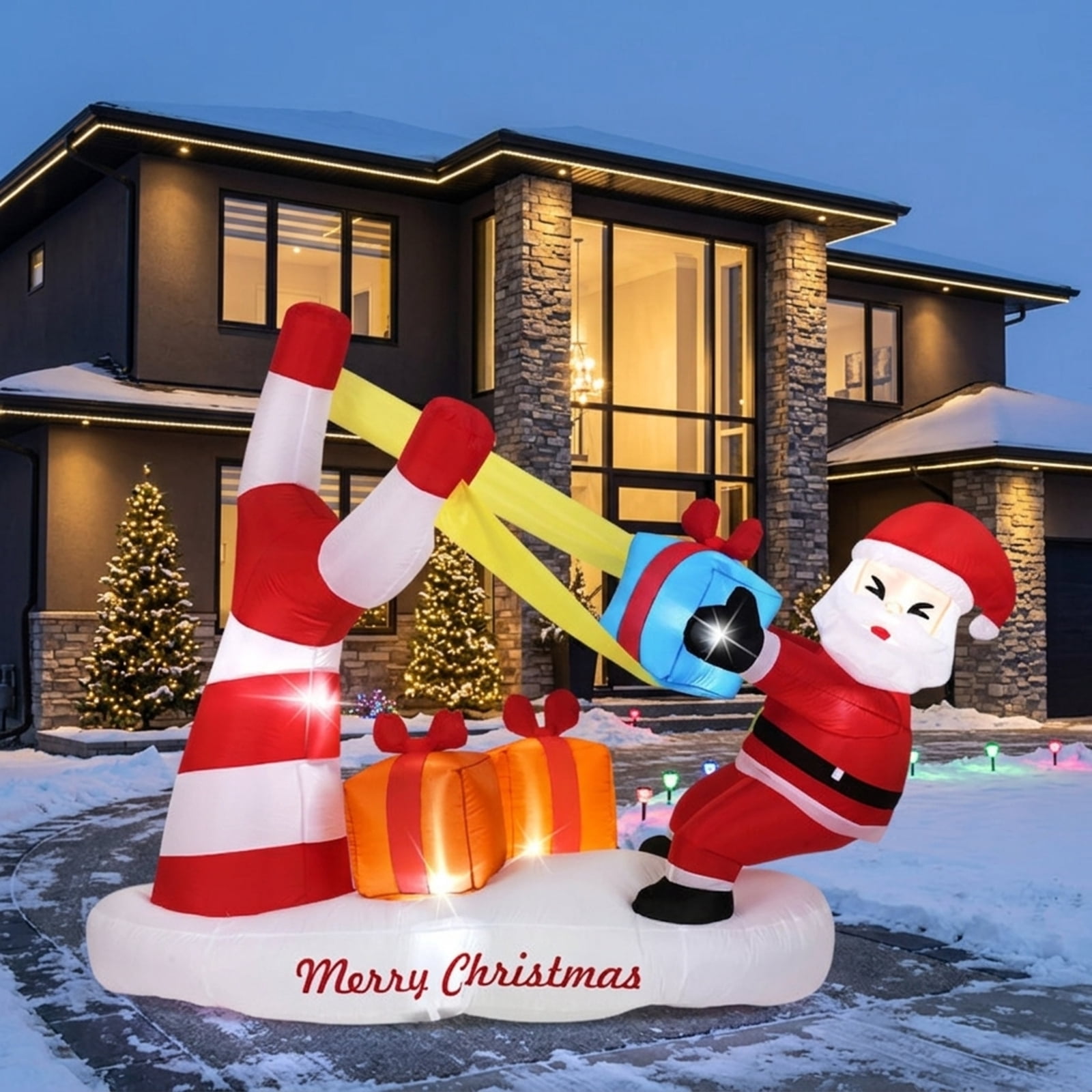 RUIE 7 FT Christmas Inflatables Santa with Slingshot, Blow Up Santa with Gift Boxes and LED Lights, Outdoor Yard Decor for Lawn Garden - Multicolor