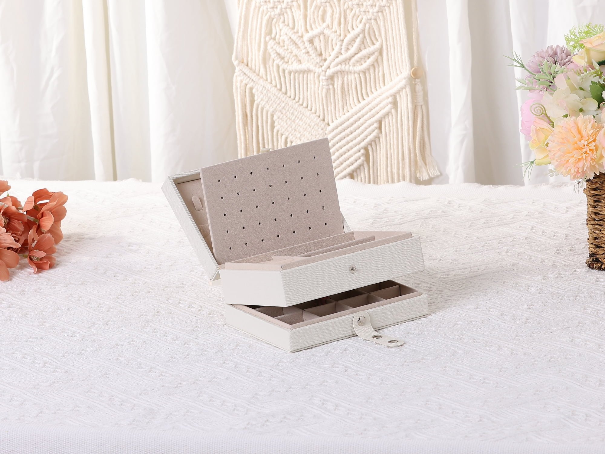 Unique Bargains 2 Layer Jewelry Box PU Leather Jewelry Case for Earring Necklace Ring Beige