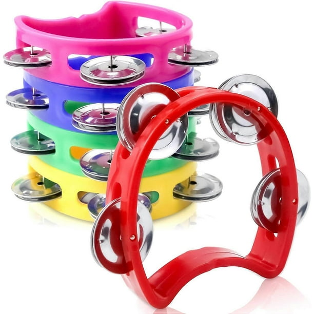 5 Pack Colored Plastic Tamborines Musical Instrument, Students Small Handheld Tambourine Percussion Bulk