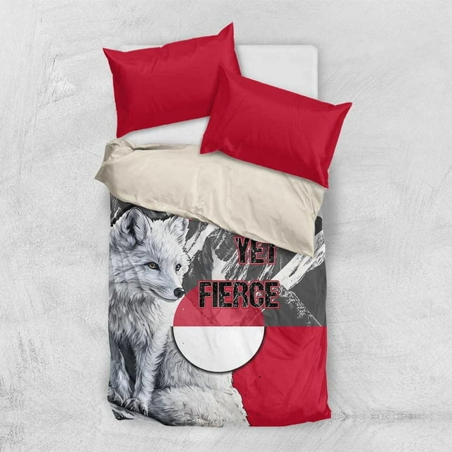 Greenland Bedding Set with Arctic Fox, Mountains, and Frozen Yet Fierce Text