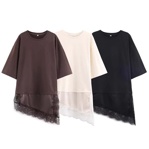 Trendfront Womens Summer Crew Neck Short Sleeve Tops Openwork Detail Patchwork Tees Solid Color Plain Style T-Shirts