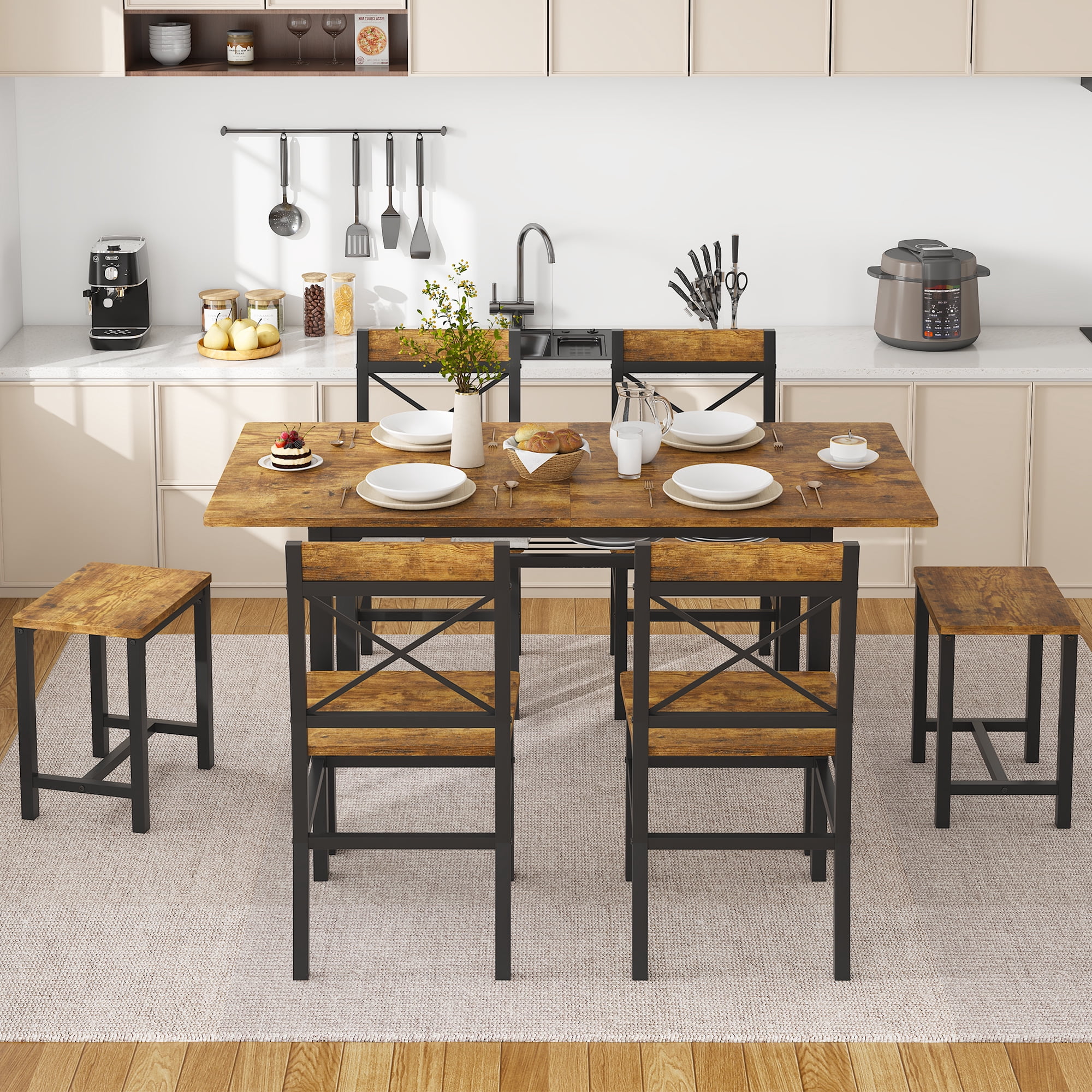 HOQBN Dining Table Set,Wooden Kitchen Table Set for 6,Farmhouse 7-Piece Dining Room Furniture for Small Space, Breakfast Nook, Apartment,Brown