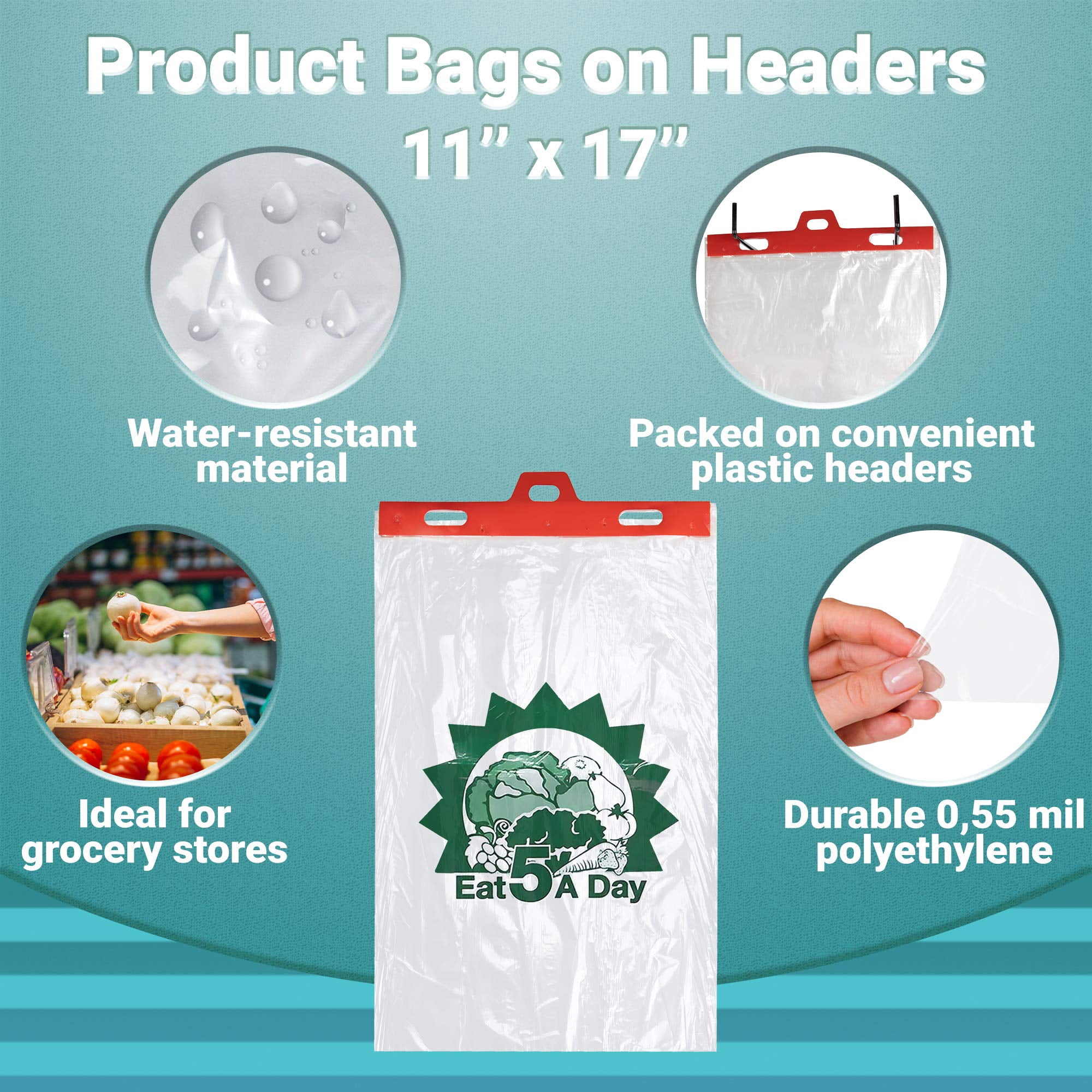 Produce Bags on Headers, 2000 count, 11 x 17 in + 2 in Lip, 0.55 mil LDPE, Clear Printed