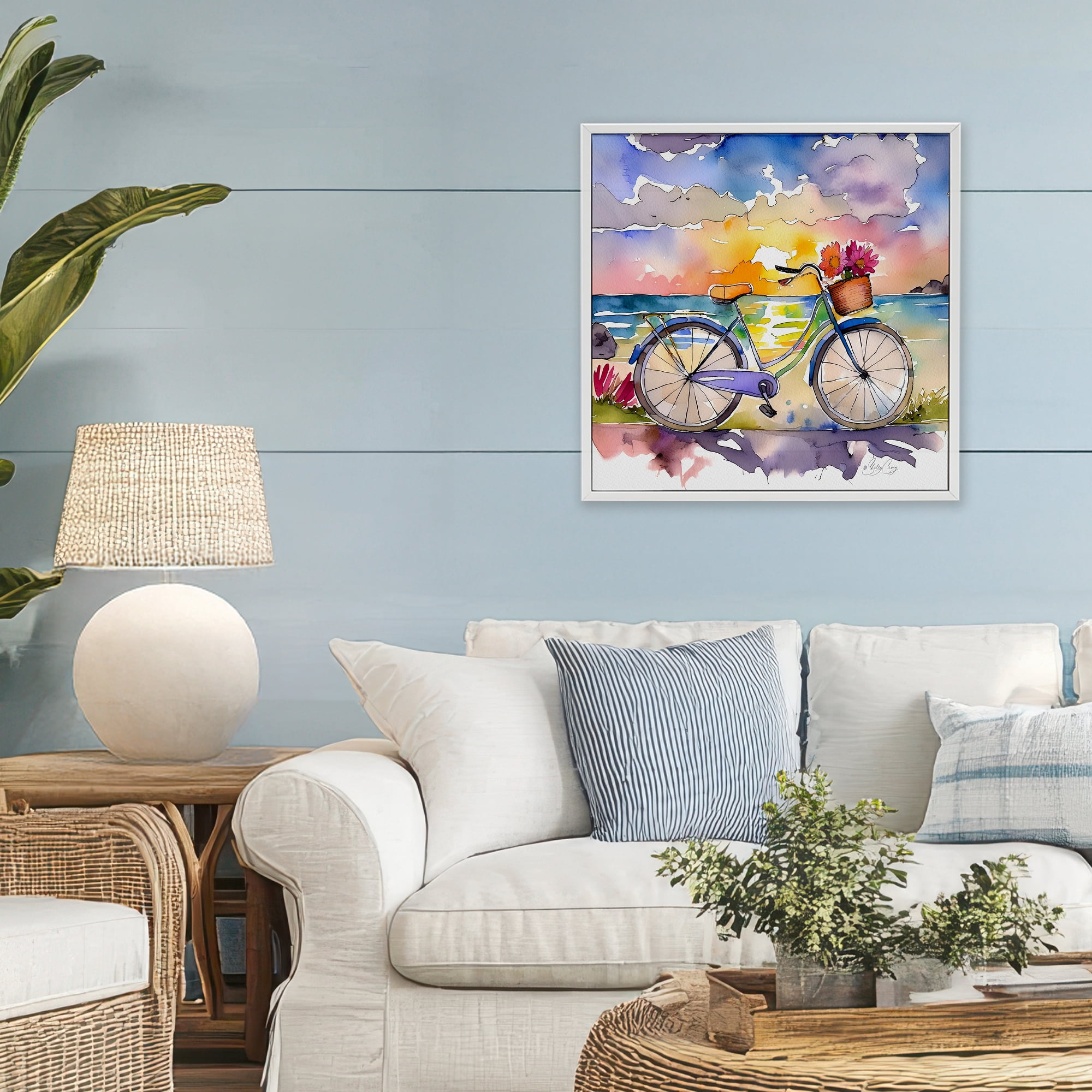Stupell Industries Bicycle By The Seaside White Framed Giclee Art, design by Shelly Craig