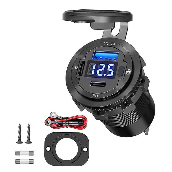 78W USB C Built-in Car Charger: Qidoe 12V Dual PD3.0 and QC3.0 USB Socket 12 Volt Car Socket Charger Charger in Aluminum with Switch Voltage Display f