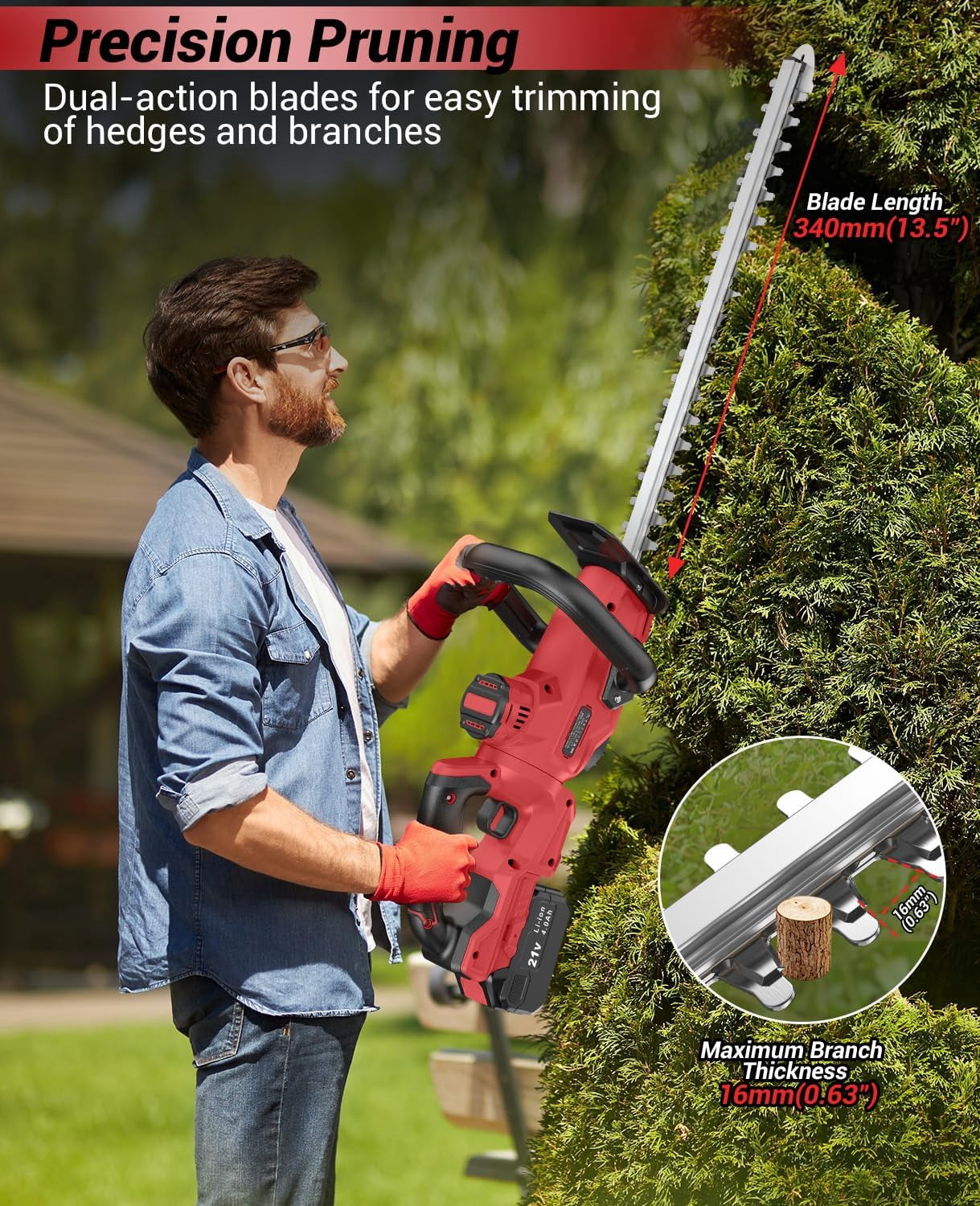Cordless Hedge Trimmer 21V with 4000mAh Battery, 14 Inch Dual-Action Blades for Hedges and Shrubs