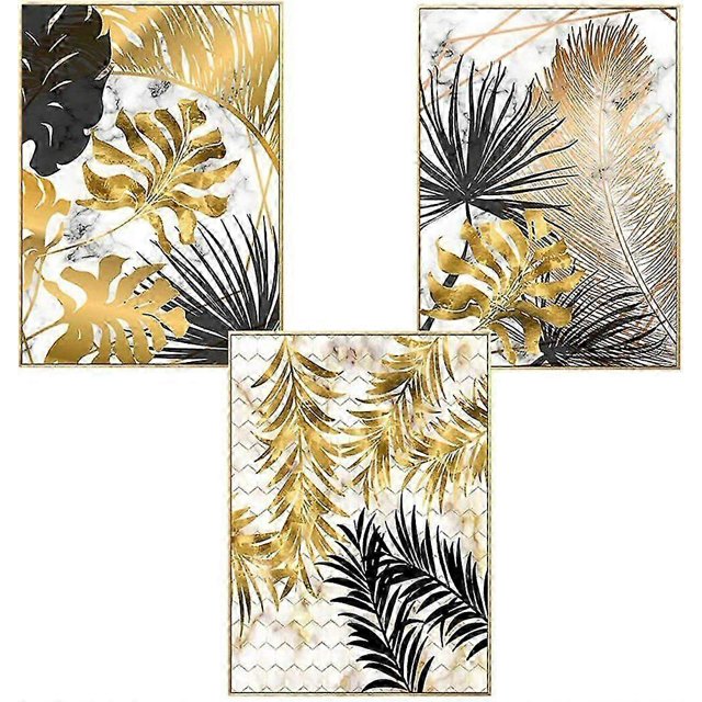 Set of 3 design poster murals, forest golden leaves palm leaf, without frame, mural print pictures art poster decoration for living room