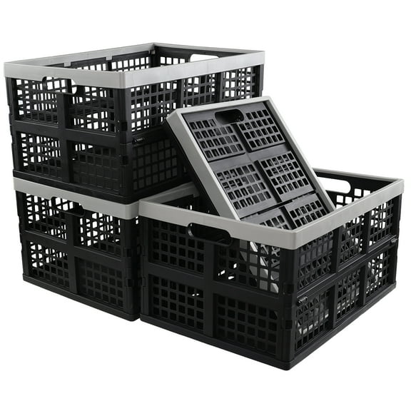 Ggbin 42 Liter Collapsible Storage Crates, Large Black Plastic Stackable Crates, 4 Pack