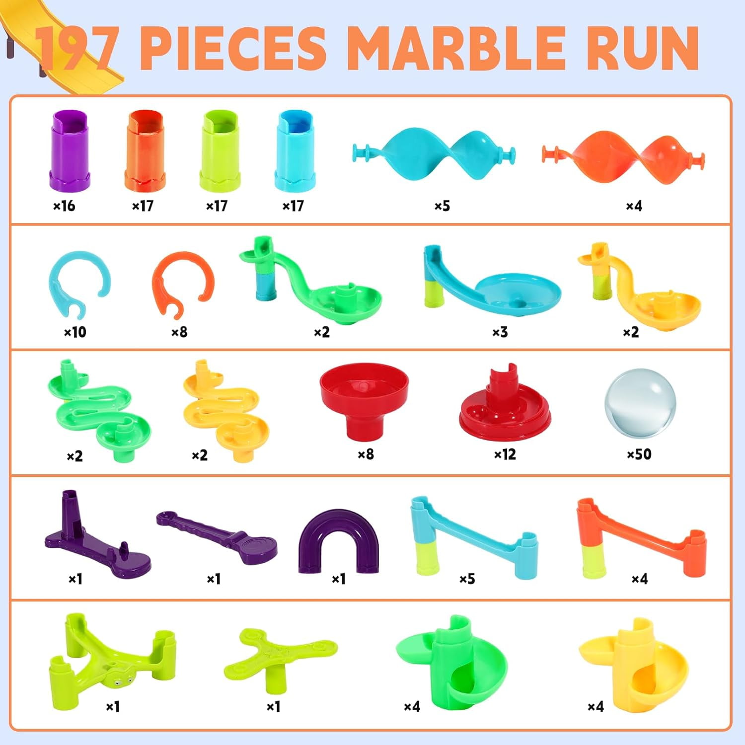 197Pcs Marble Run,Marble Maze Game Construction Building Blocks Toys for Kids,Marble Track Game Educational Learning Toy for Boys Girls Birthday Gifts(147 Parts+ 50 Glass Marbles)