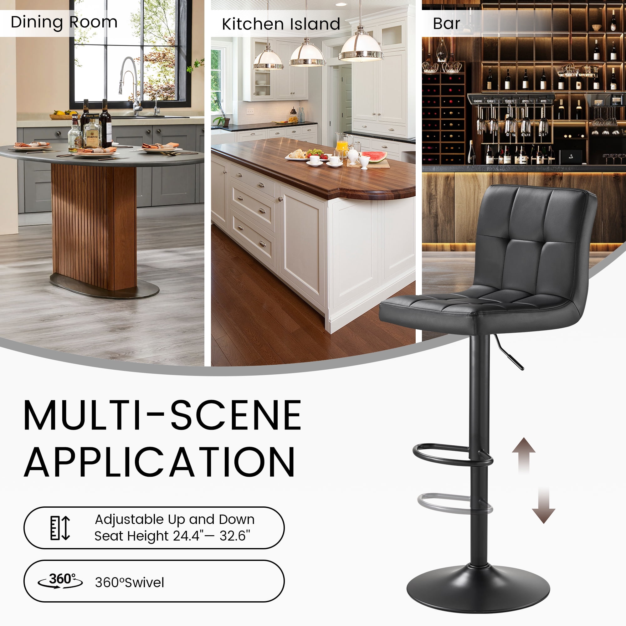 SAETSFEG Bar Stools Set of 2, Thickened Seat Cushion Adjustable Swivel Bar Stool with Backrest, Counter Height PU Leather Bar Chairs for Kitchen Island, Dining Room, Black-B