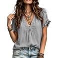 thumbnail image 4 of DeHolifer Women's Tops Cotton Linen V-Neck Ruffle Sleeve Solid Color Casual Lightweight Tee T-Shirts Gray 2XL, 4 of 7
