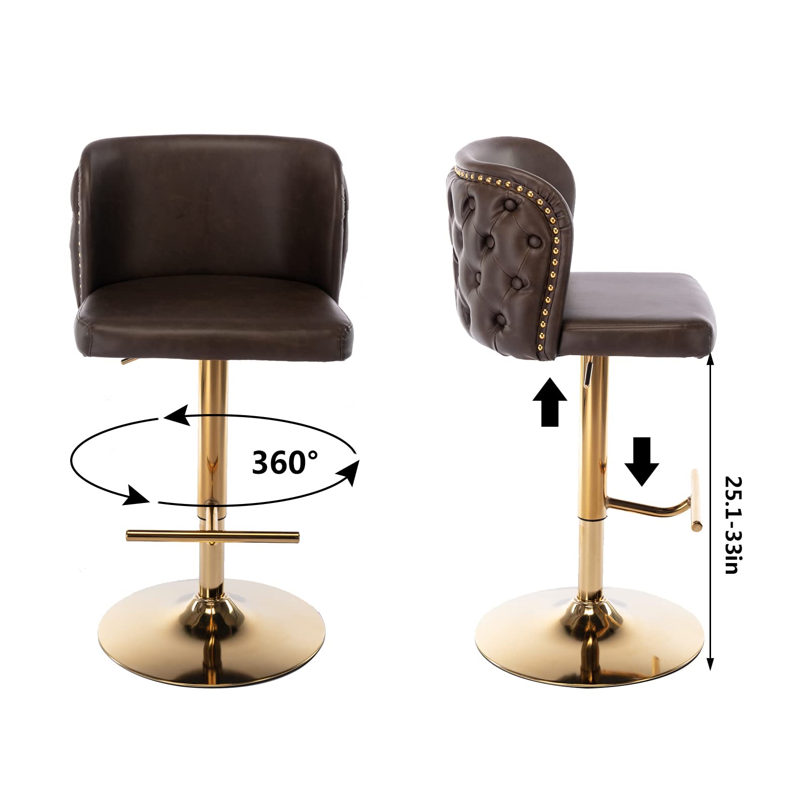 DONICK Swivel Counter Height Barstools,Upholstered Bar Stools Adjustable Height Nailhead Button Tufted Kitchen Island (PU,Brown,Set of 6)