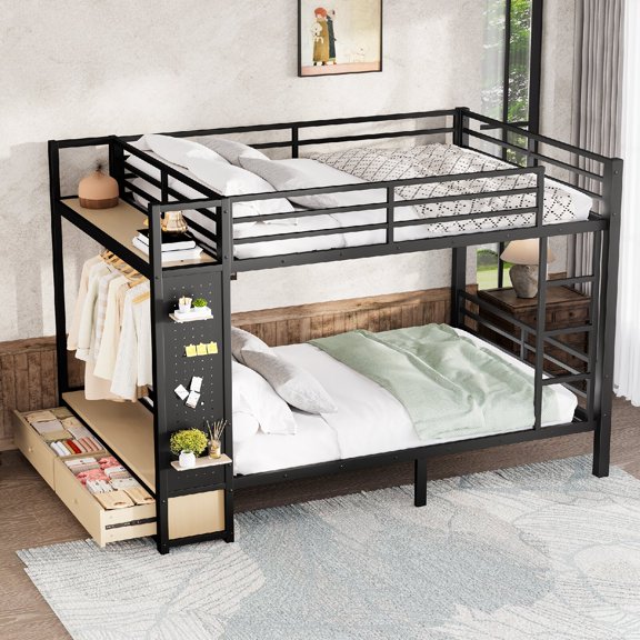 Queen Over Queen size Bunk Bed Frame with Drawers and Storage Shelves, Metal Bunk Bed wirh Safety Guard Rails and Ladder for Bedroom, Apartment, Dorm, Space-Saving, Mattress Not Included, Black