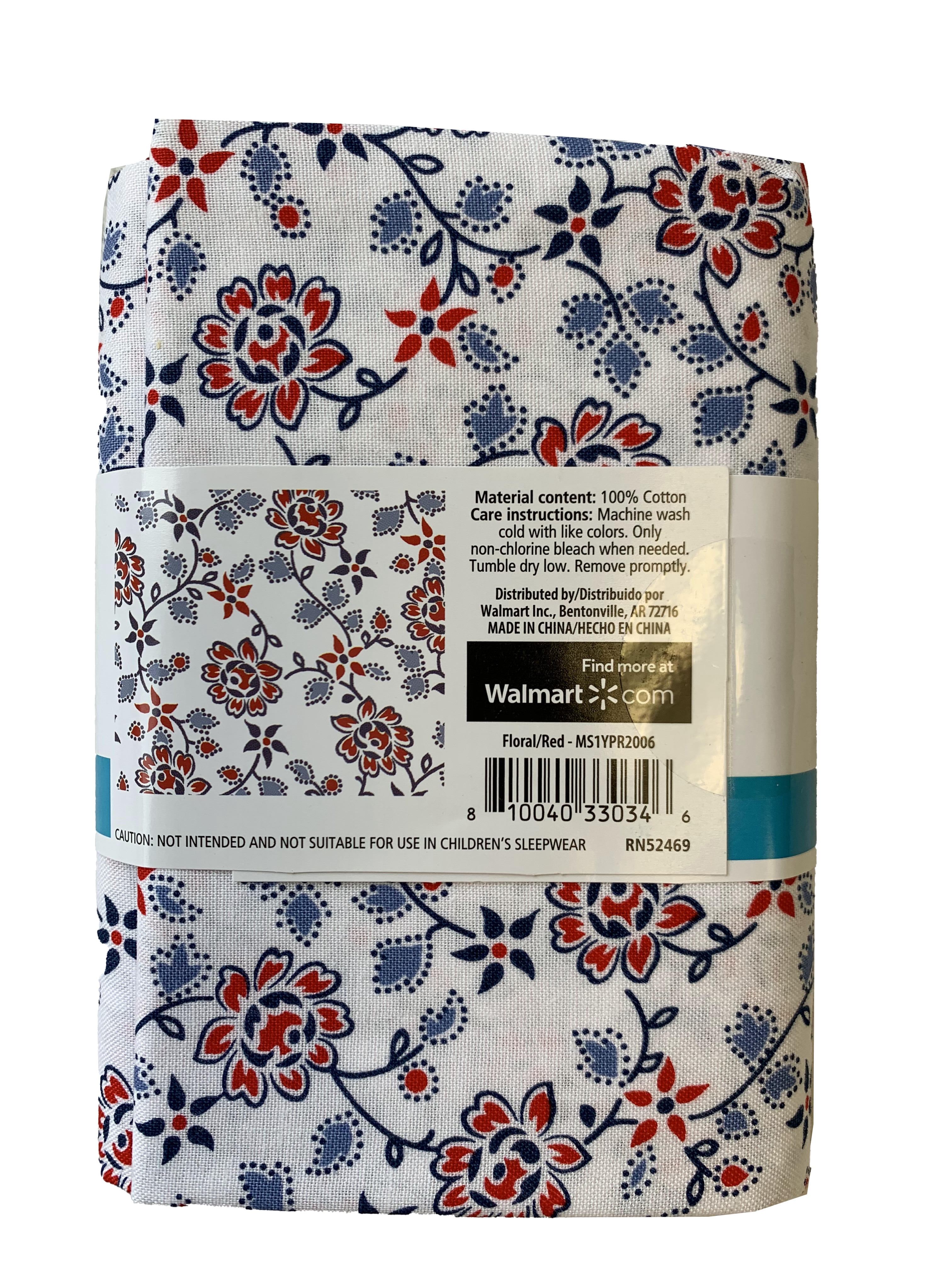 Mainstays 100% Cotton 1 Yard Precut Fabric Blue Red Floral