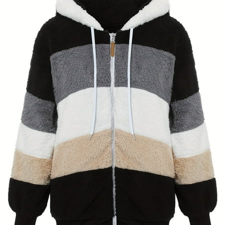 

ZNGYXMN Warm Women‘s Long Sleeve Zip-up Plush Hooded Coat Stylish Contrast Color Tops for Spring and Autumn