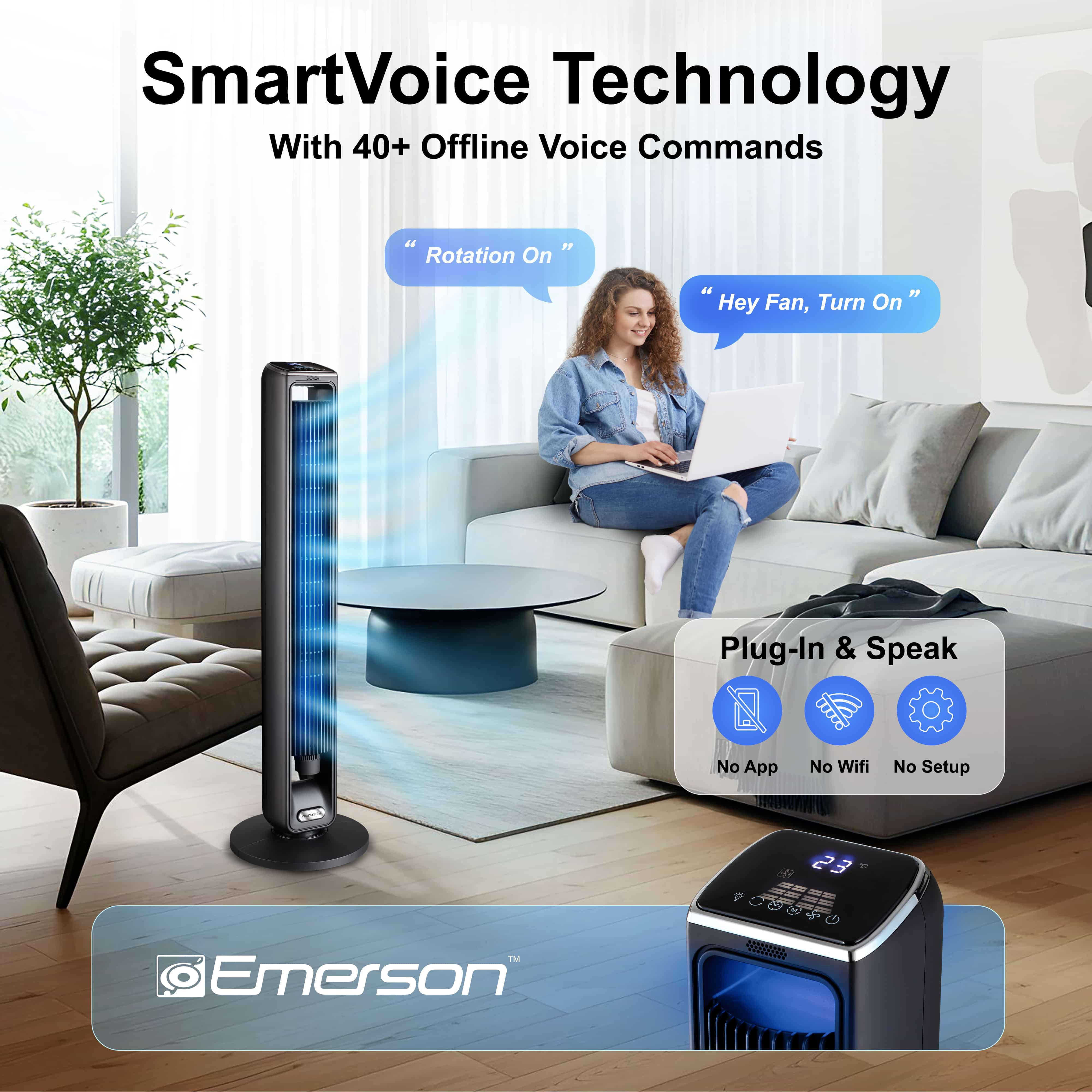 Emerson SmartVoice 42" Bladeless Tower Fan – 3-Speed Oscillating Fan with Offline Voice Control, 15-Hour Timer, Sleep Mode, Aroma Diffuser, Remote