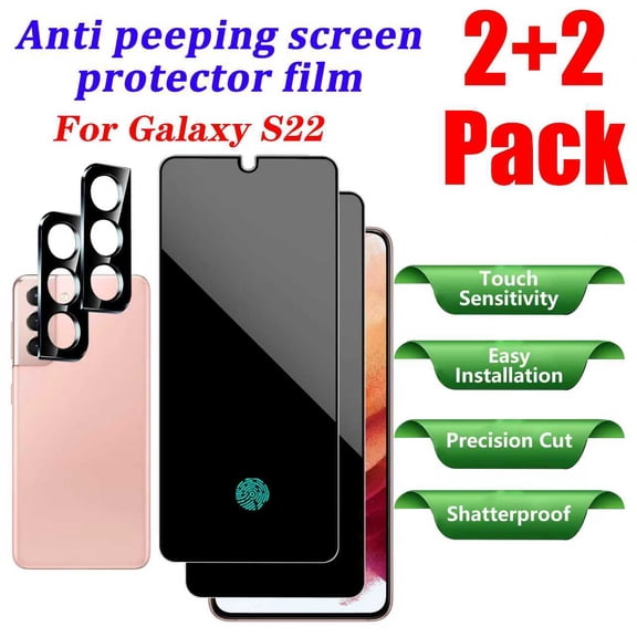 2 Pack For Samsung Galaxy S22 (6.1 Inch) Privacy Screen Tempered Protector with 2 Pack Lens Protector,9H Hardness,full Coverage,Fingerprint Compatible Unlocking,Compatible with phone cases