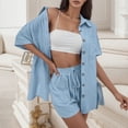 thumbnail image 2 of vigerkar Women Summer Cotton Linen Short Sets 2 Piece Shorts Top Lounge Beach Vacation Two Piece Outfits Blue, M, 2 of 6