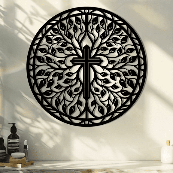 Round Black Steel Metal CroOss Wall Art Decor for Home or Patio