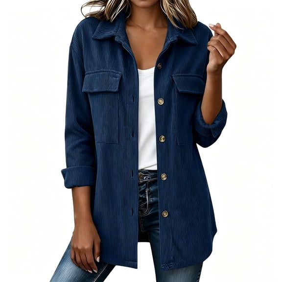 Evdexr Womens Corduroy Jacket Button Down Collared Long Sleeve Shirt Winter Fall Office Casual Shackets Lightweight Oversized Tops with Pocket M