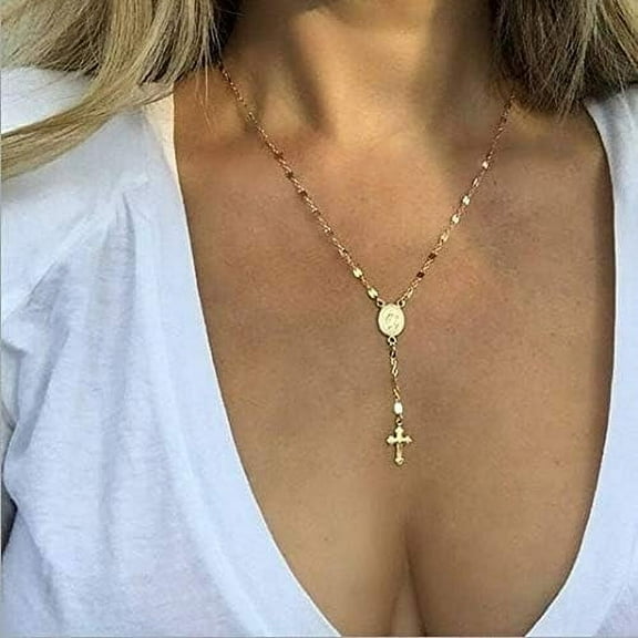 Rose Gold Rosary Cross and Mary Necklace - Long Chain Y Necklace for Women - Fashionable and Versatile Jewelry Gift for Her