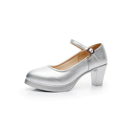 

SIMANLAN Ladies Dress Shoe Ankle Strap Pumps Buckle High Heels Women Lightweight Pump Shoes Girls Chunky Mary Jane Silver 5.5CM 7.5